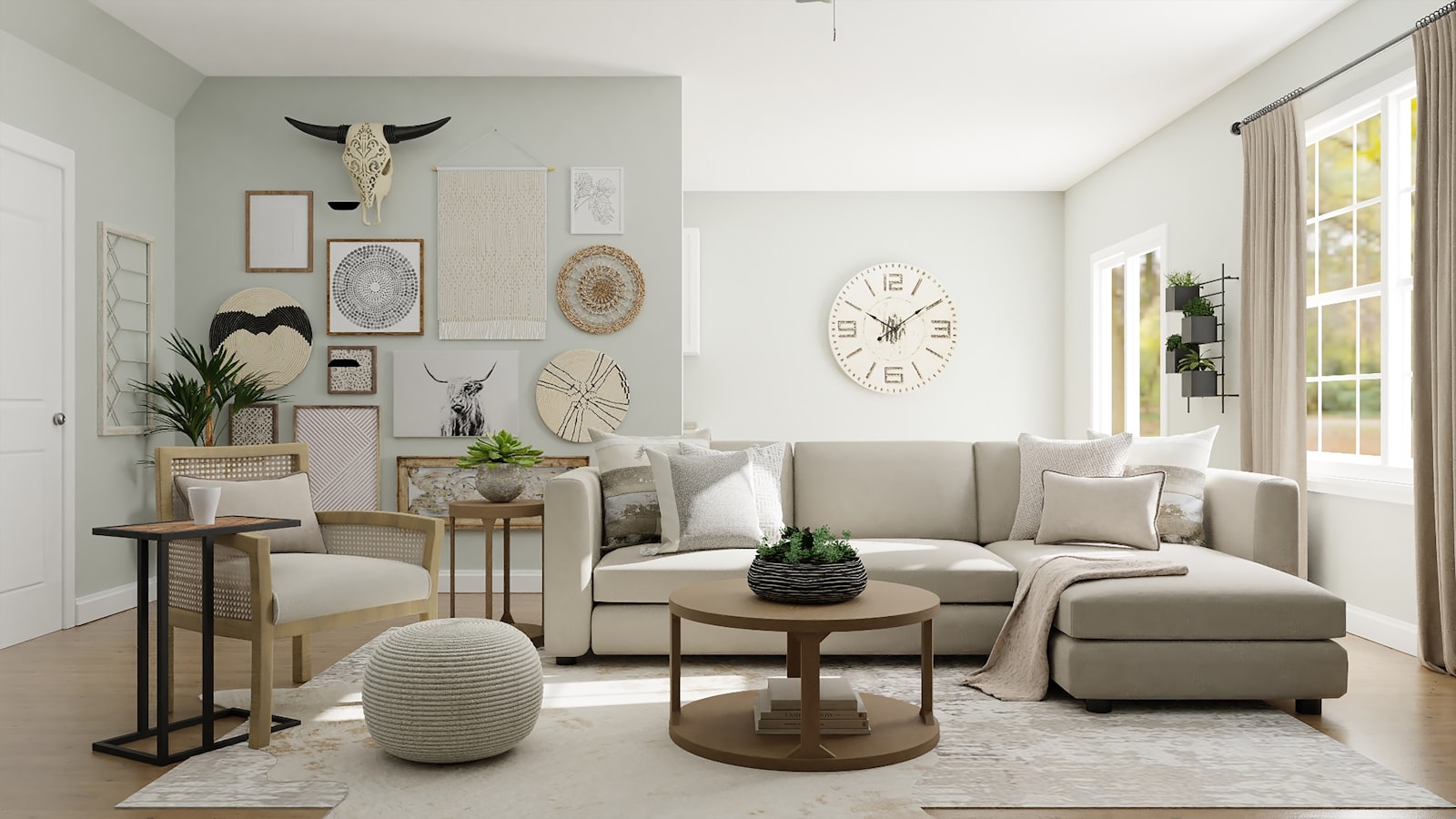 Bright neutral living room with styled open shelving