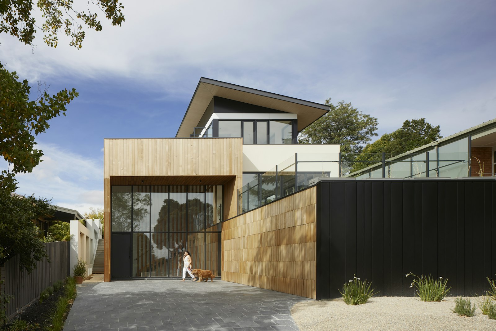 Modern timber-and-black home exterior framed by evergreen landscaping
