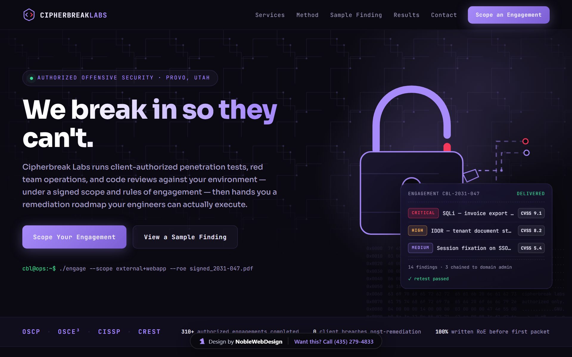 Digital Security landing page design by Noble Web Design — Cipherbreak Labs