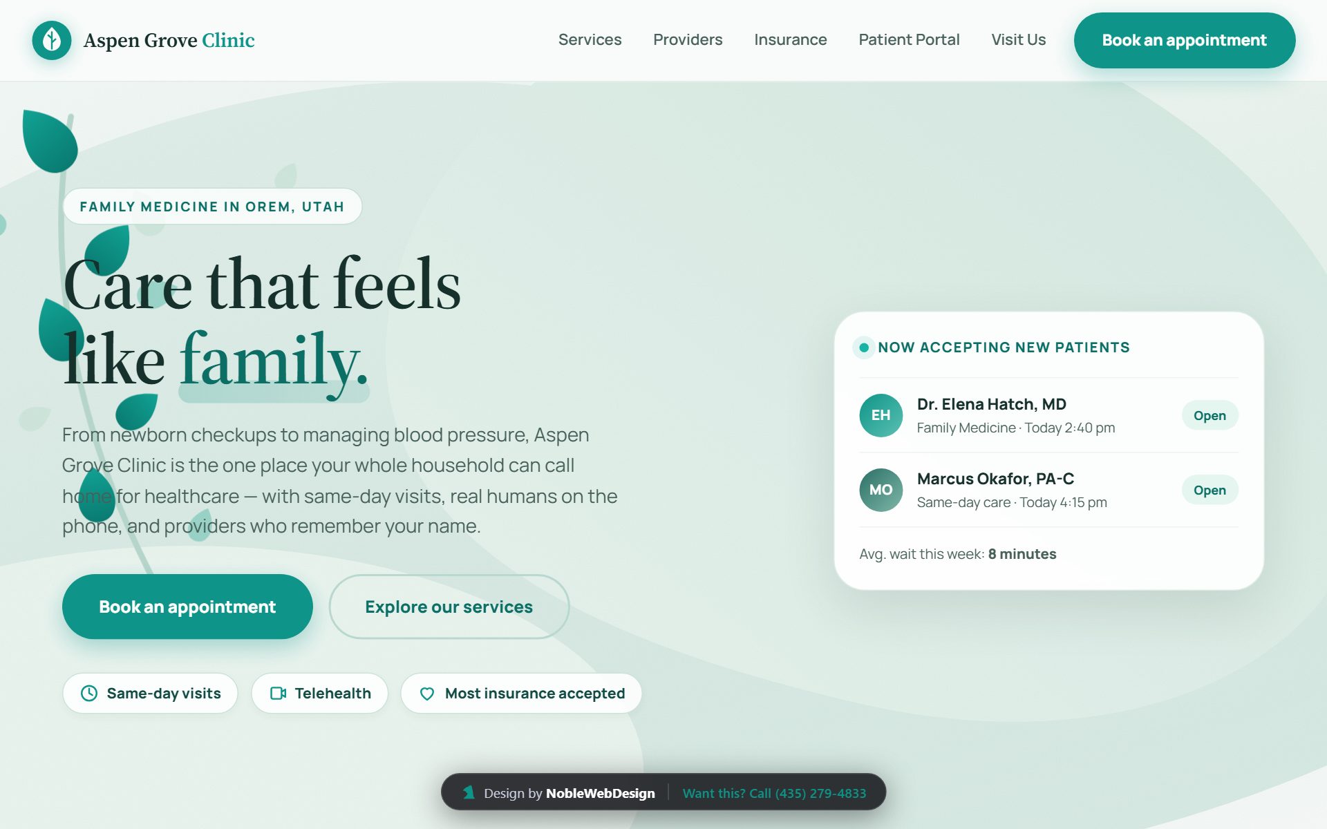 Healthcare landing page design by Noble Web Design — Aspen Grove Clinic